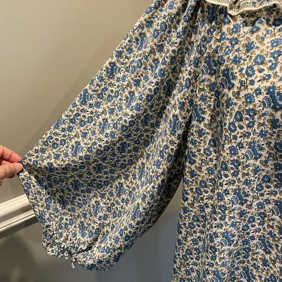 Max Studio Blue White Floral Peasant Blouse 1X Plus Size 3/4 Puff Sleeves - Picture 5 of 9